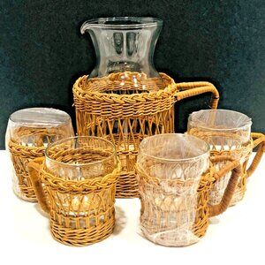 VTG Rattan Wicker Juice Pitcher Glass Set‎ Woven Handle 5 Pcs Boho MCM Coastal